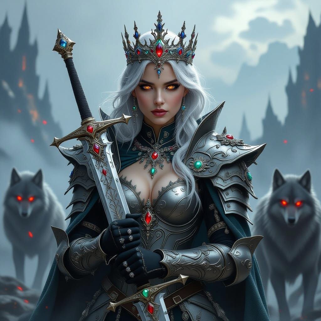Queen Leading Mystical Wolf Army in Dark Fantasy Style