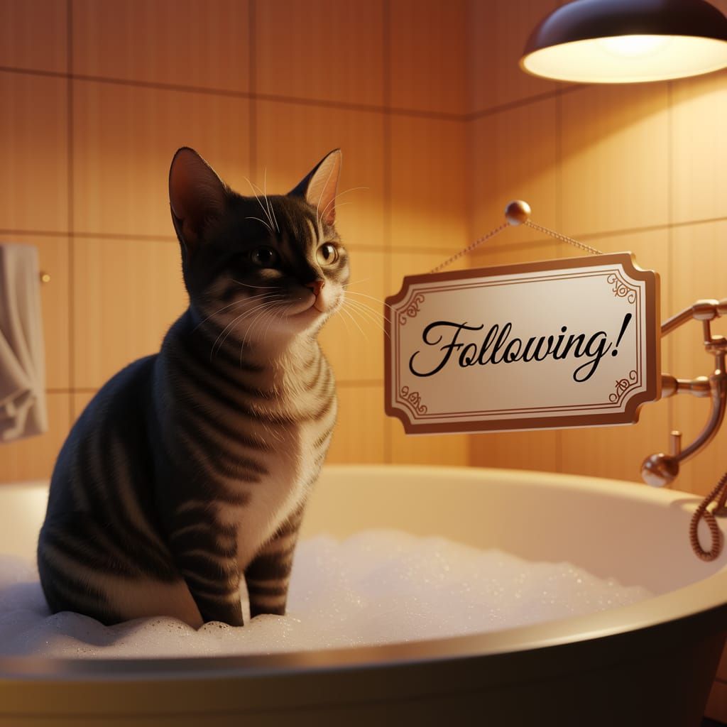 Black Cat in Bubbles with "Following!" Sign