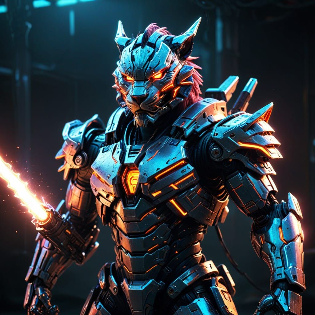 Cyberpunk Mecha Wears Liger Skin Armor, Neon Colors