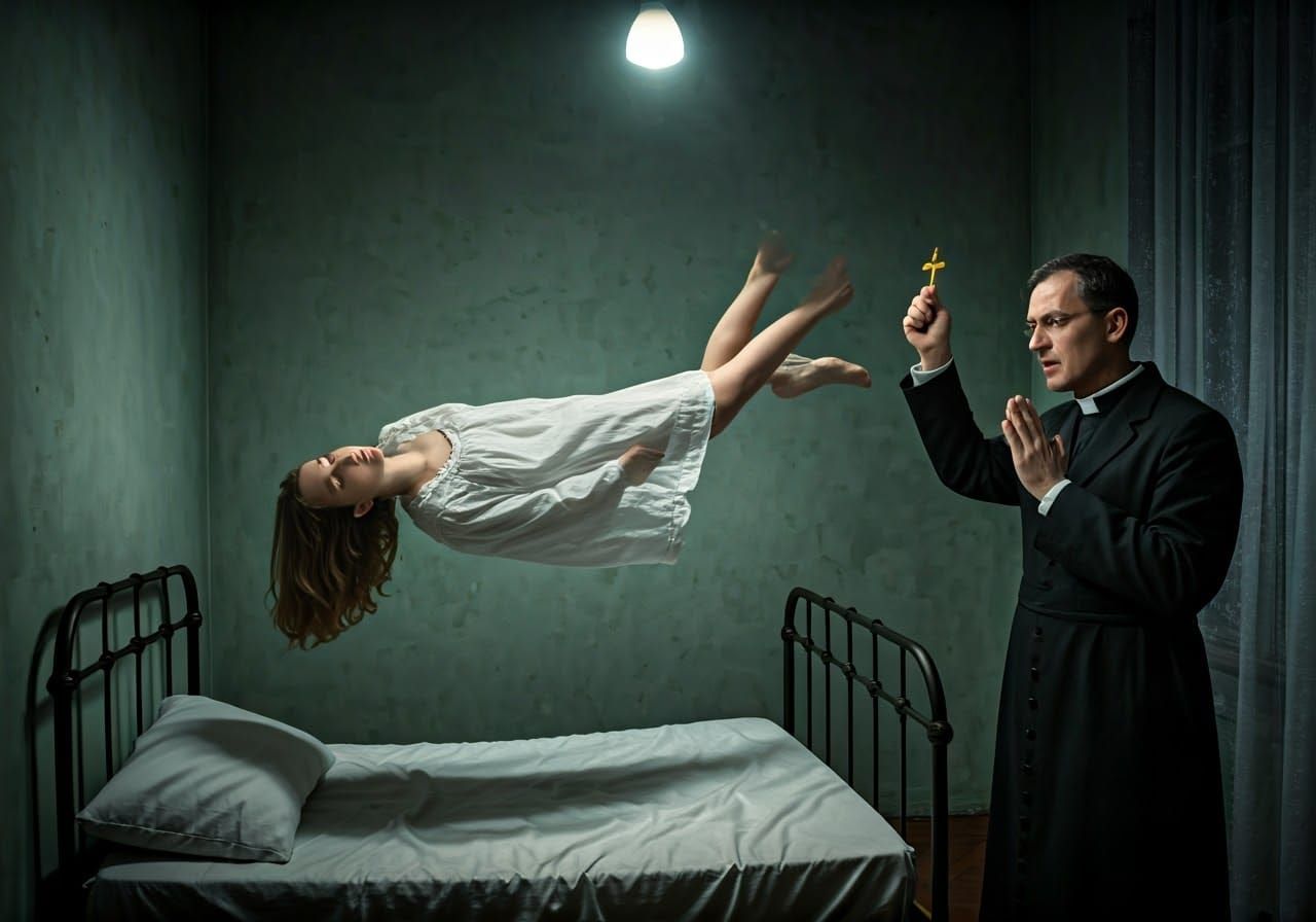 Woman Levitating as Priest Prays: Digital Rendering