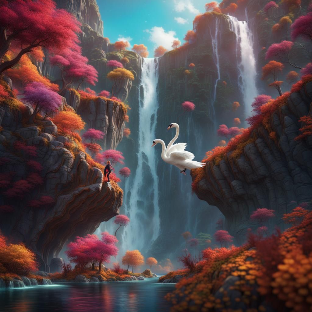 Woman Swan Diving on Alien Planet in Detailed Painting