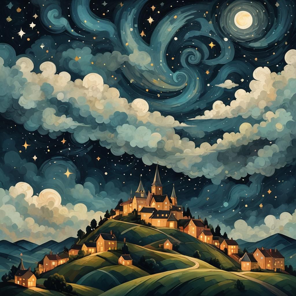 Surreal Village at Night in Impasto Illustration