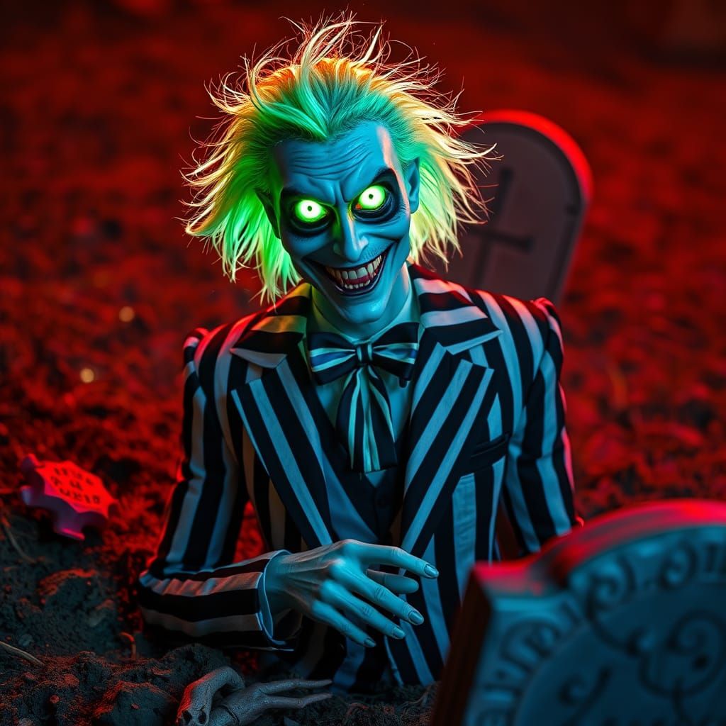 Beetlejuice Emerge from Neon Graveyard in Hyper-Realistic St...