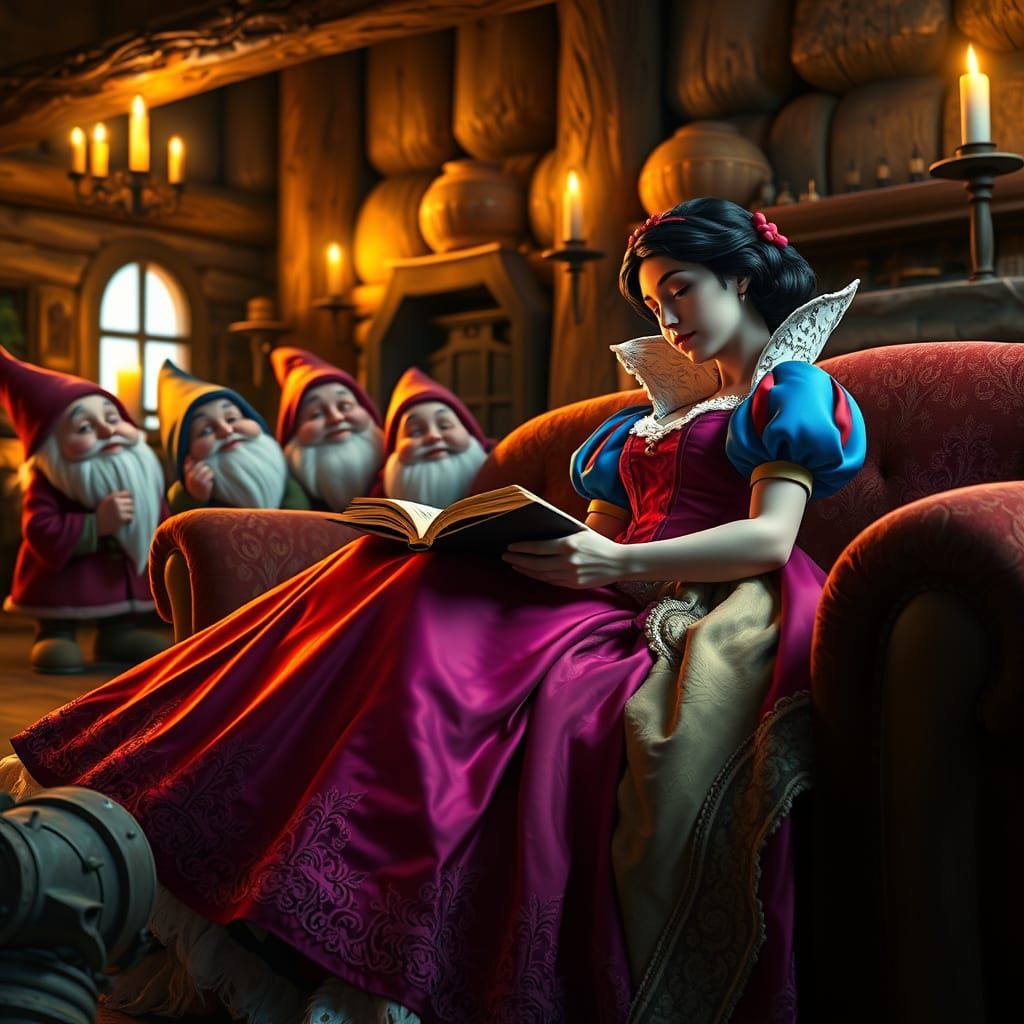 Victorian Snow White Enjoys Cozy Night with Loyal Dwarfs