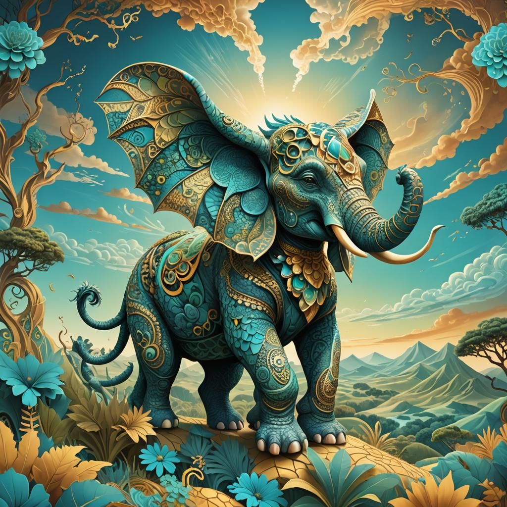 Friendly African Dragon Soaring Over Landscape with Fractals