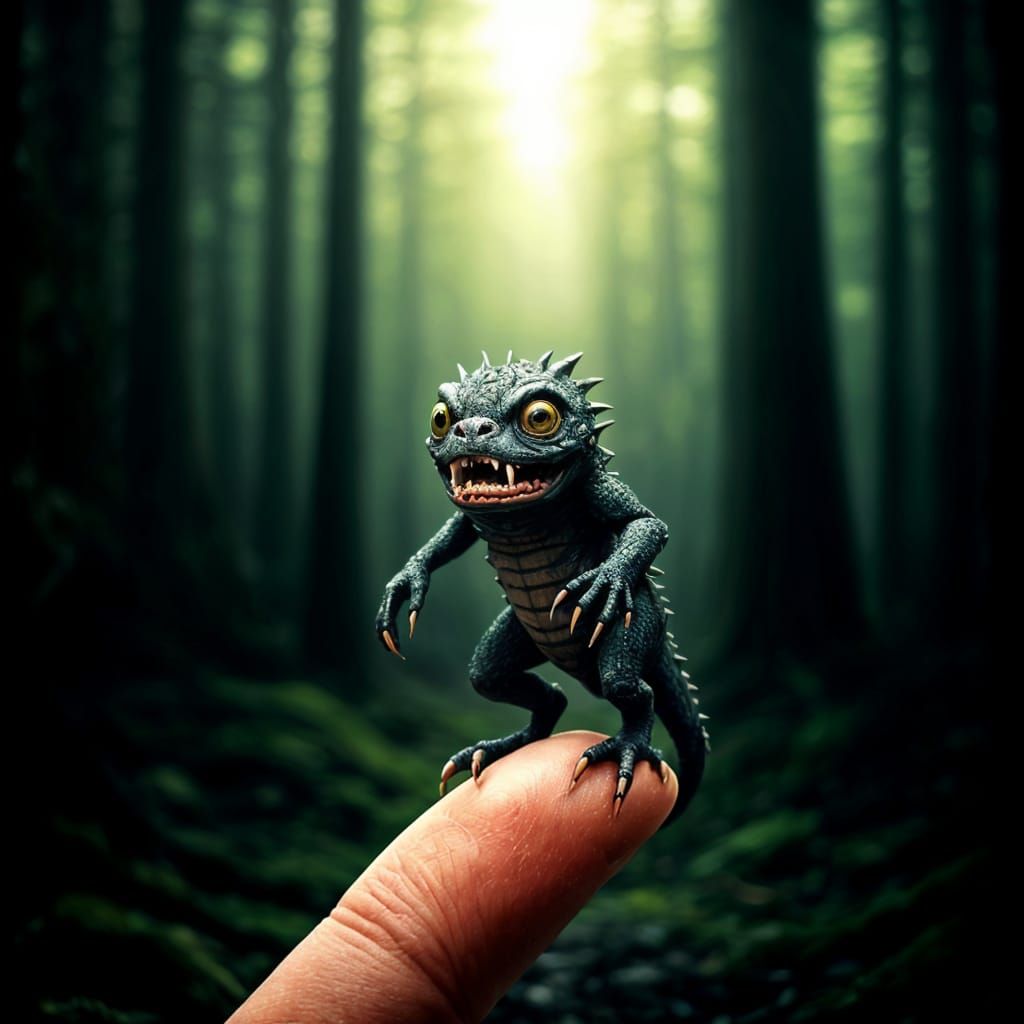 Tiny Monster on Fingertip in Photorealistic Style
