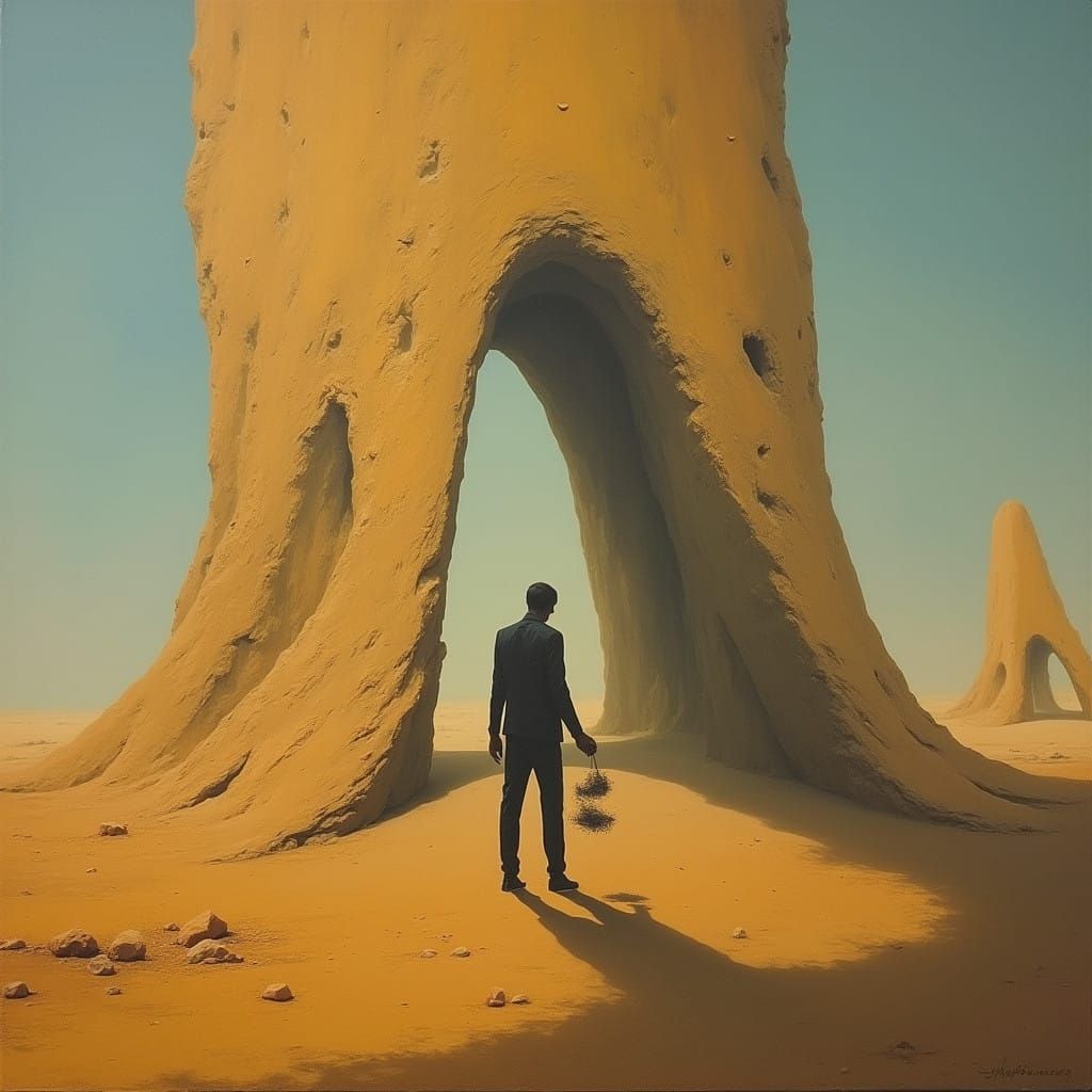 Figure in Dual Shadow, Surreal Rock Formation, Melting Oil o...