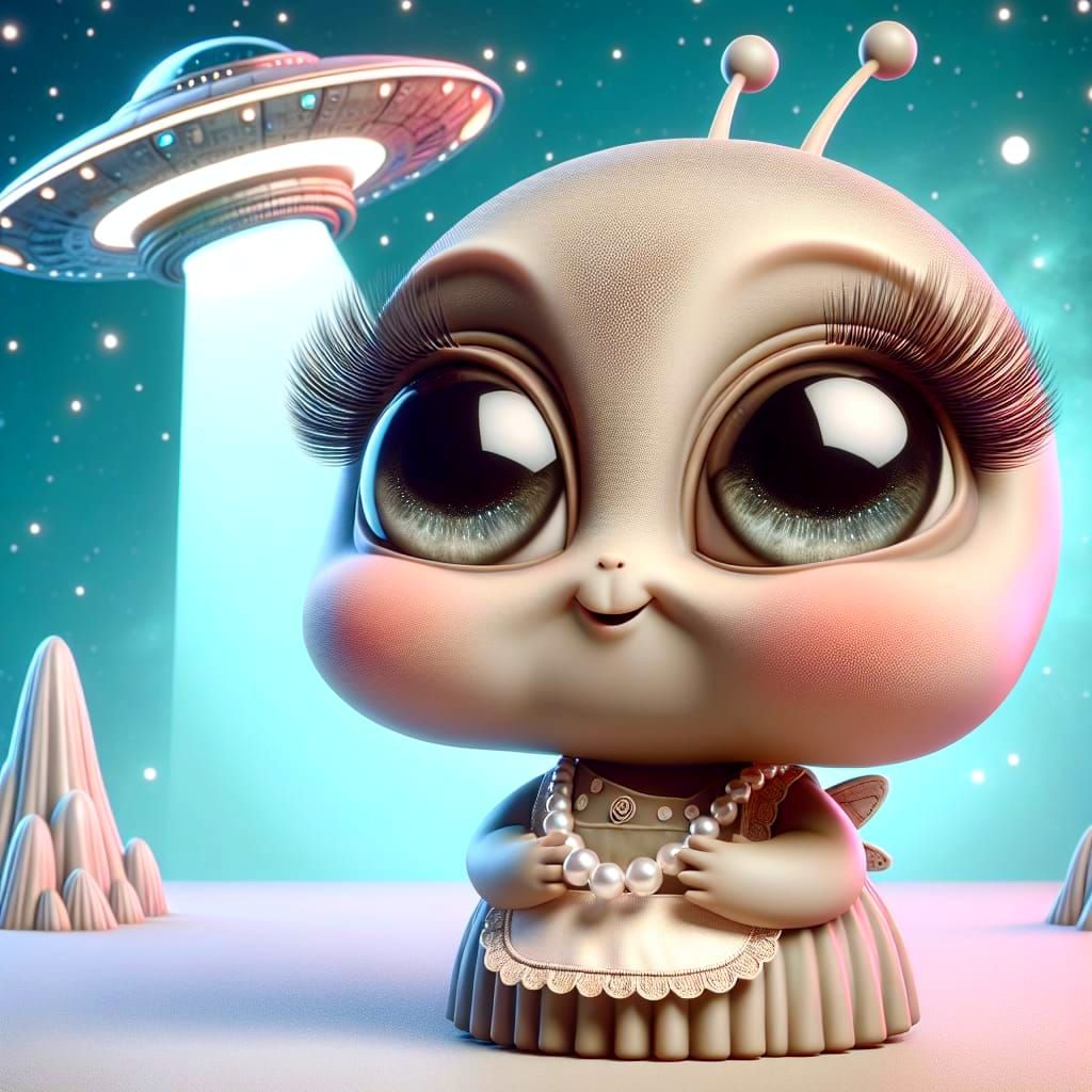 Adorable Alien Creature Laughing in a UFO Landscape