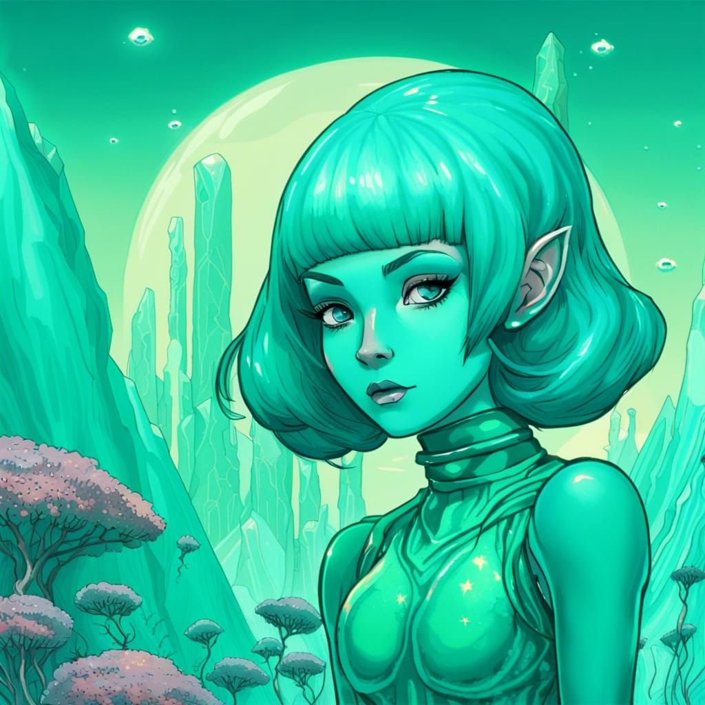 Teal Alien Girl on Turquoise Planet