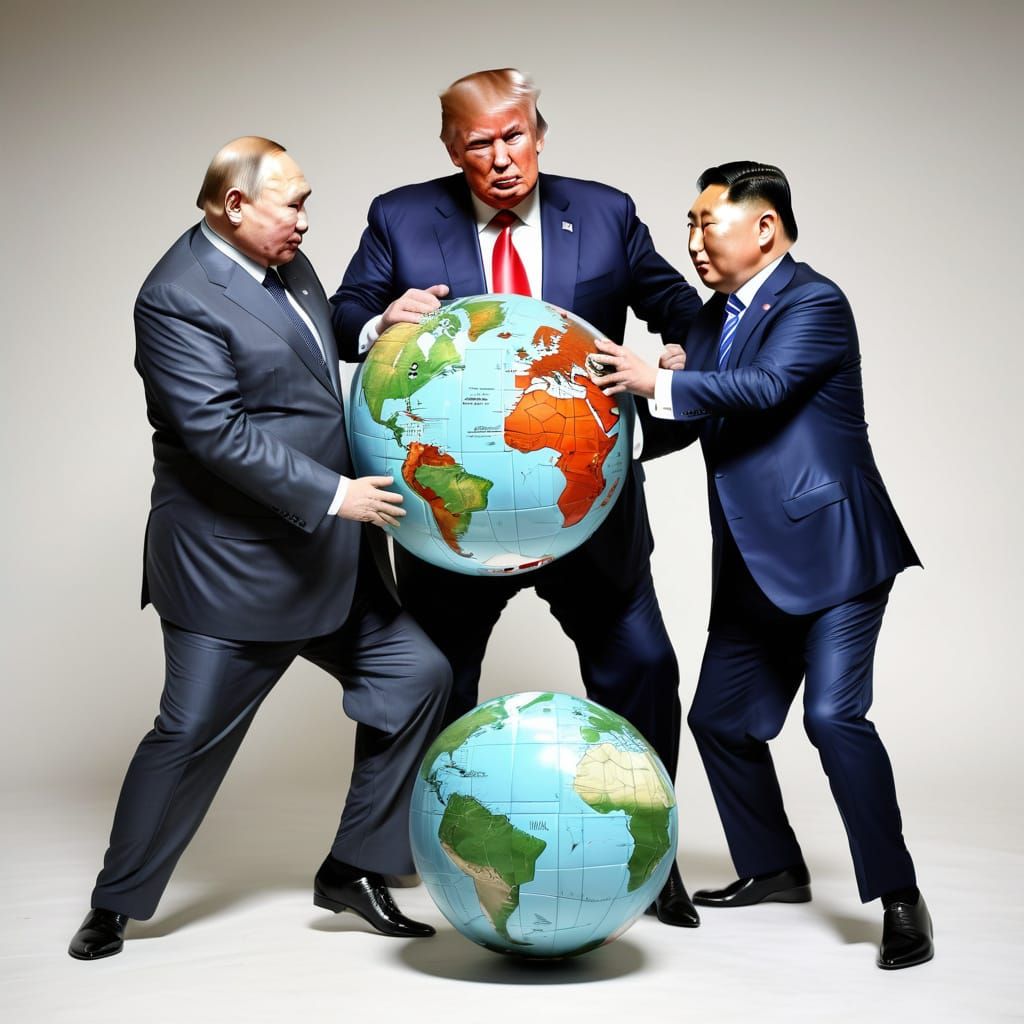Satirical Caricature: Putin, Kim, and Trump Play Soccer