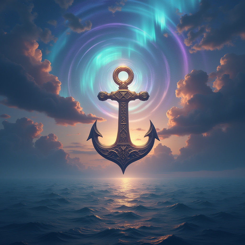 Mystical Anchor Amidst Iridescent Clouds