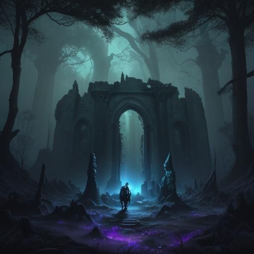 Mystical Sorcerer in Ruined City, Dark Fantasy Art