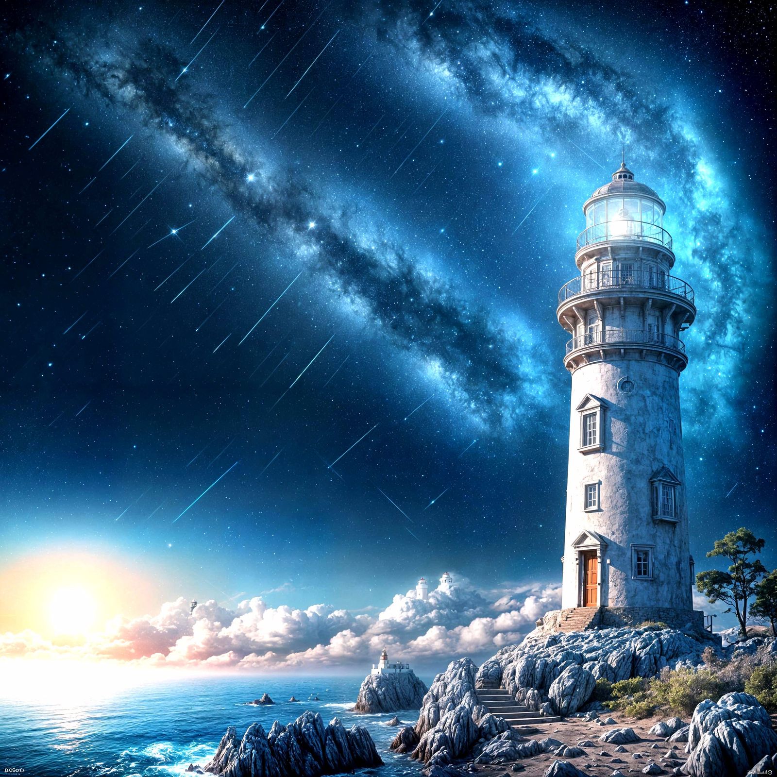 Bioluminescent Lighthouse Under Starry Sky