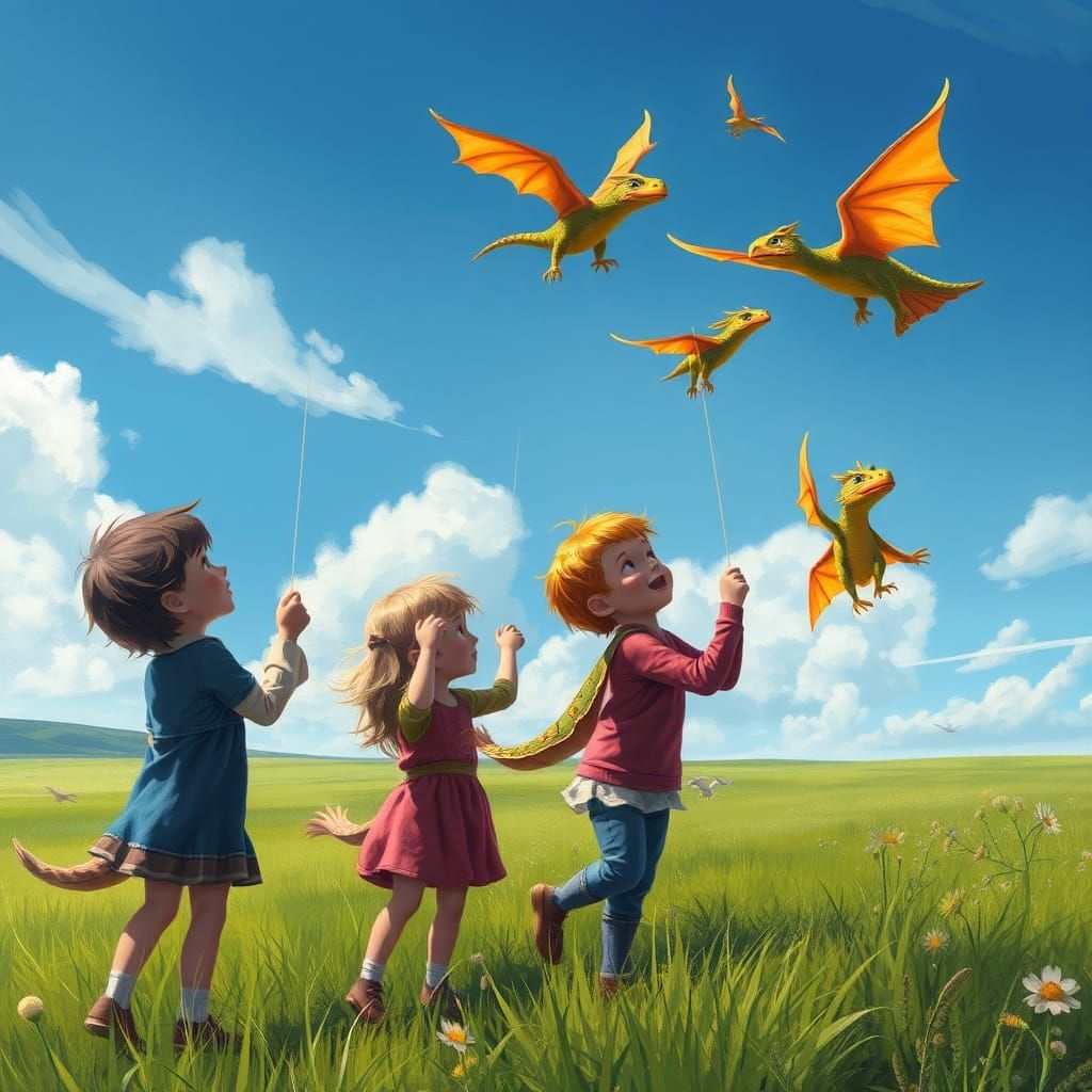 Main Prompt: Kinder, die lachend (bunte Drachen) auf einer W...