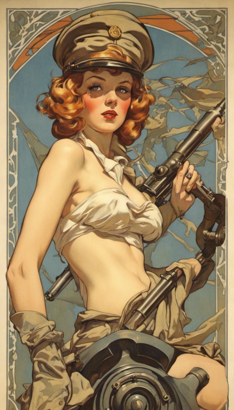 Art Nouveau Pinup with Military Artillery