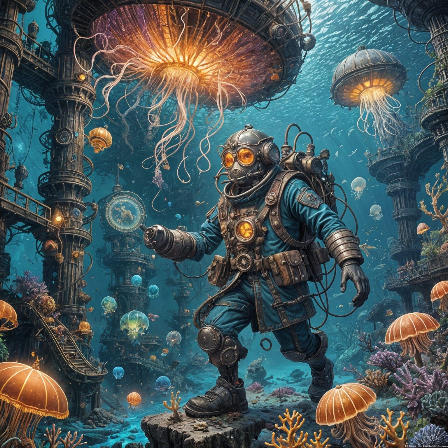 Womble Exploring Sunken Steampunk City as Oil Painting