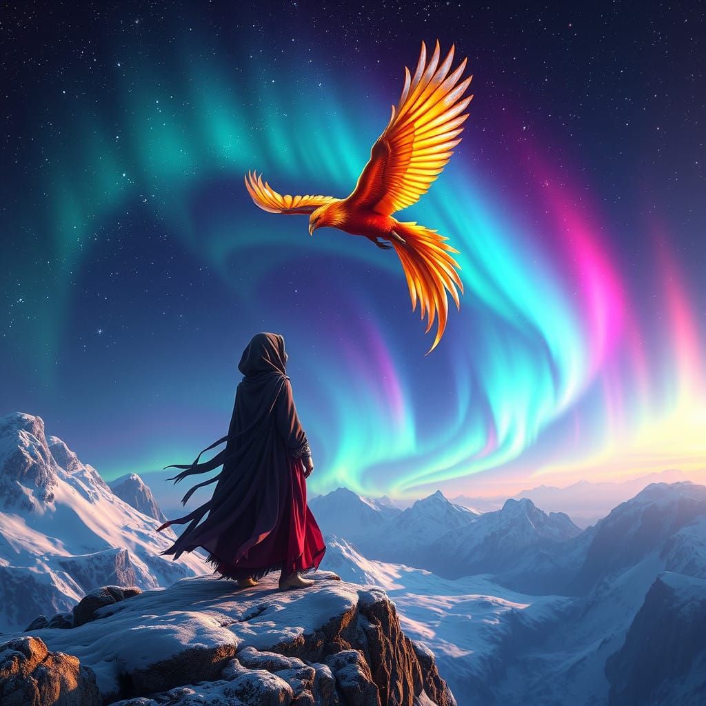 Mystical Woman Gazing at Celestial Spectacle in Shimmering L...