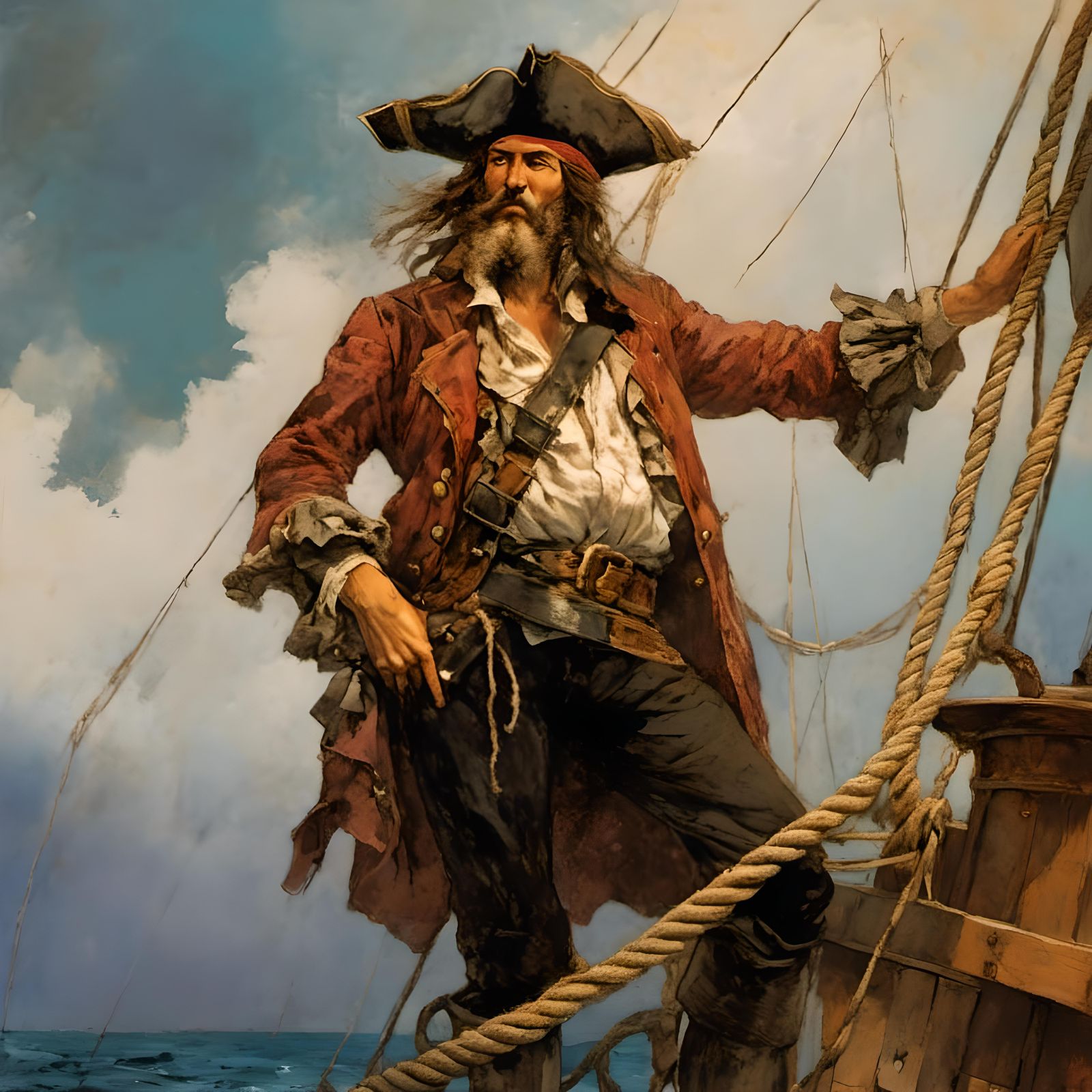 Blackbeard scans the horizon from the deck of his ship Queen...