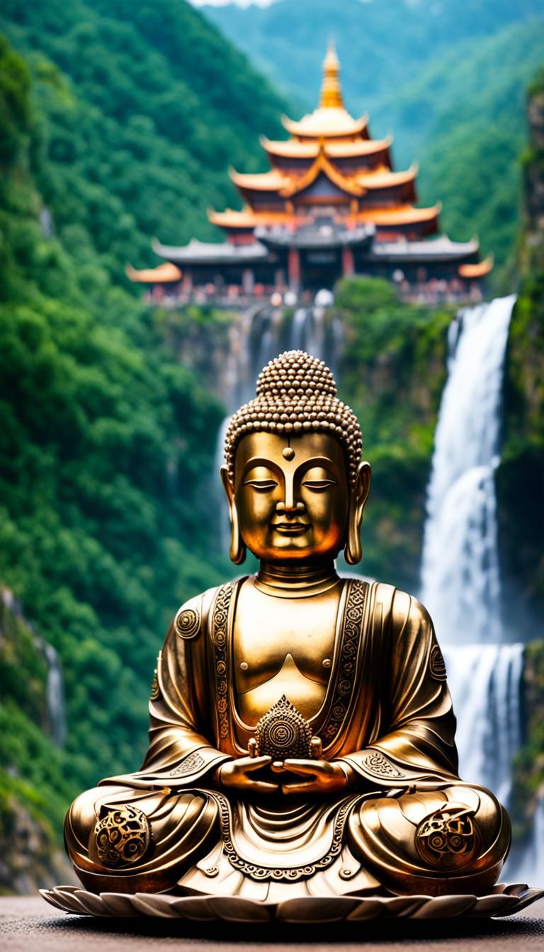 Steampunk Cyborg Buddha with Temple Backdrop