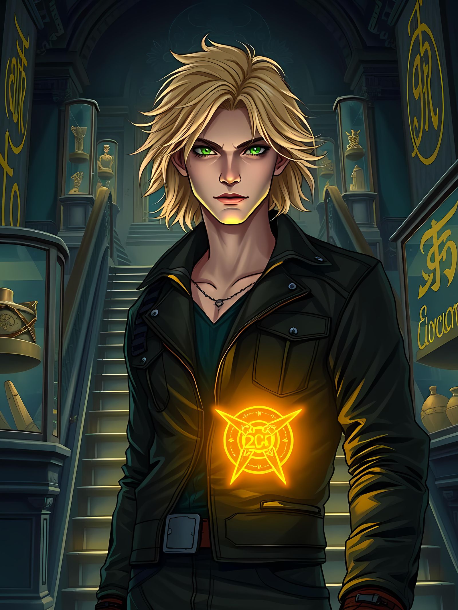 Elvish Security Guard with Golden Aura in Starfinder Style