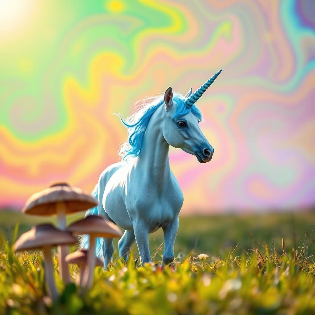 Unicorn with Blue Horn in Psychedelic Mushroom Meadow