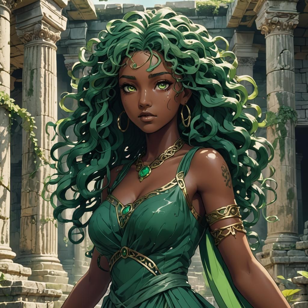 Medusa with Green Hair in Anime Style