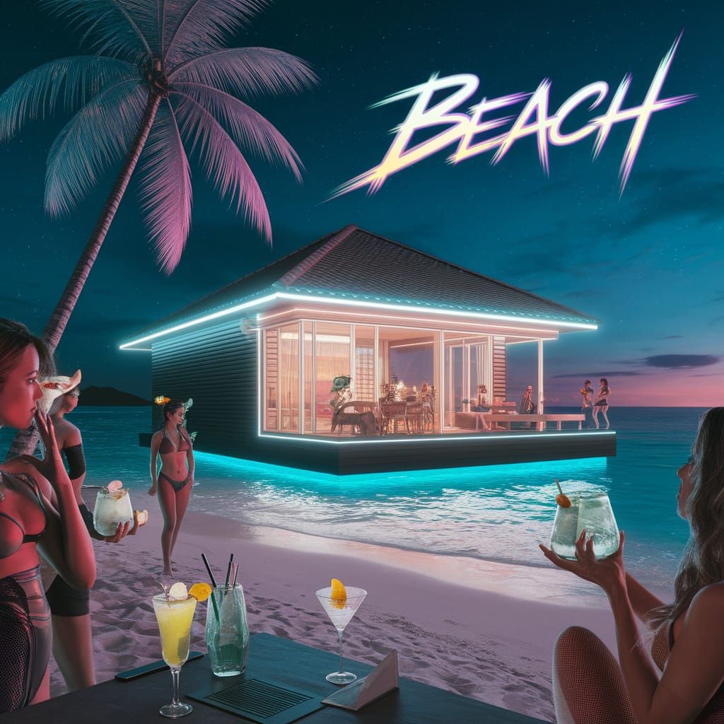 Cyberpunk Mauritius Beach with Neon Water Bungalow