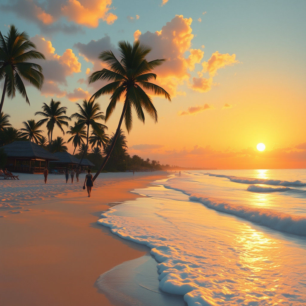 Golden Sunset Beach Scene in Impressionist Style