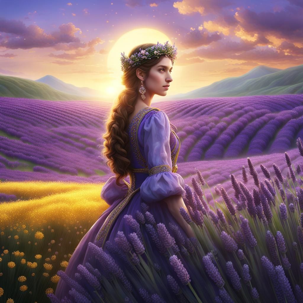 Gemstone Woman in Lavender Field: Fantasy Art