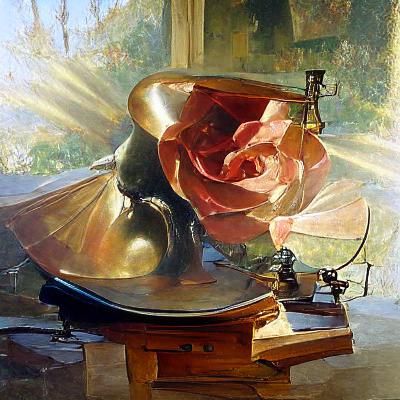 Gramophone, Sunlight, Roses: Oil Painting