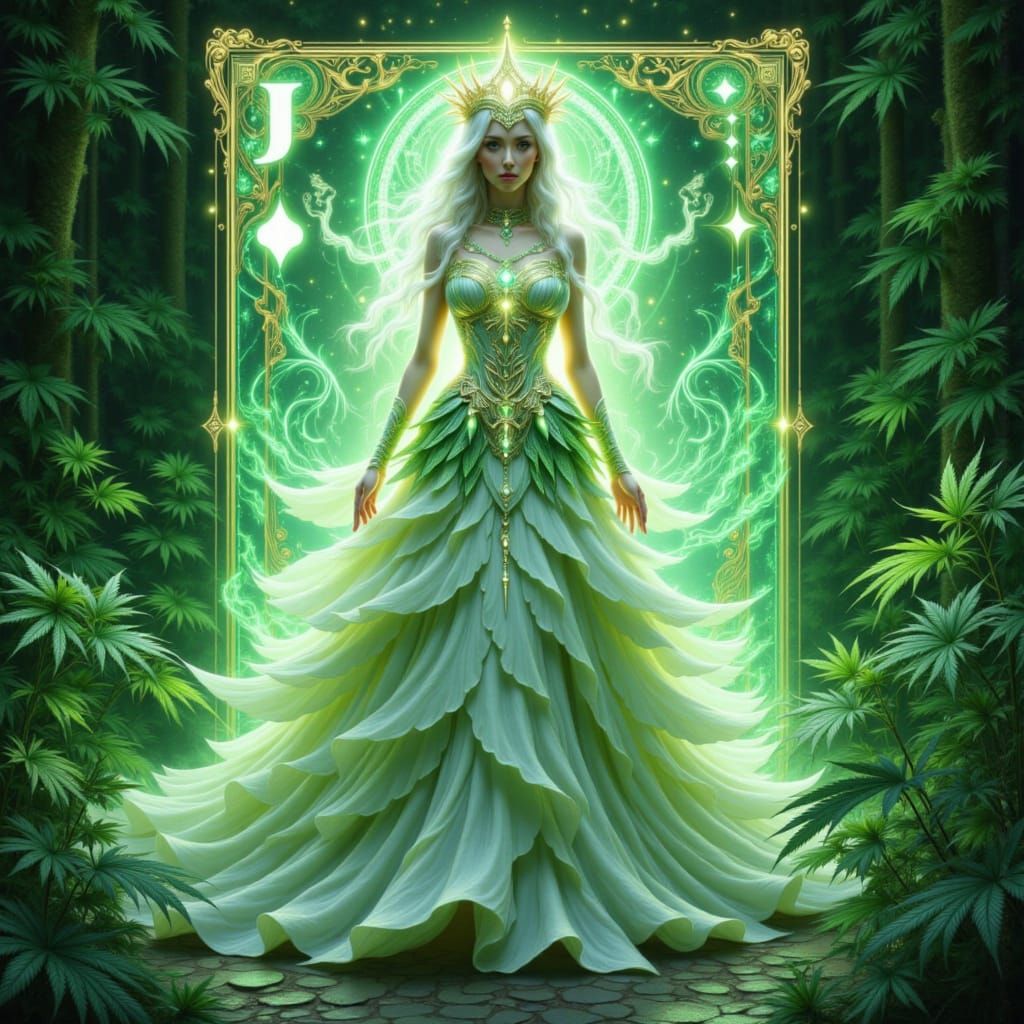 Futuristic Priestess in Cannabis Couture, Digital Painting
