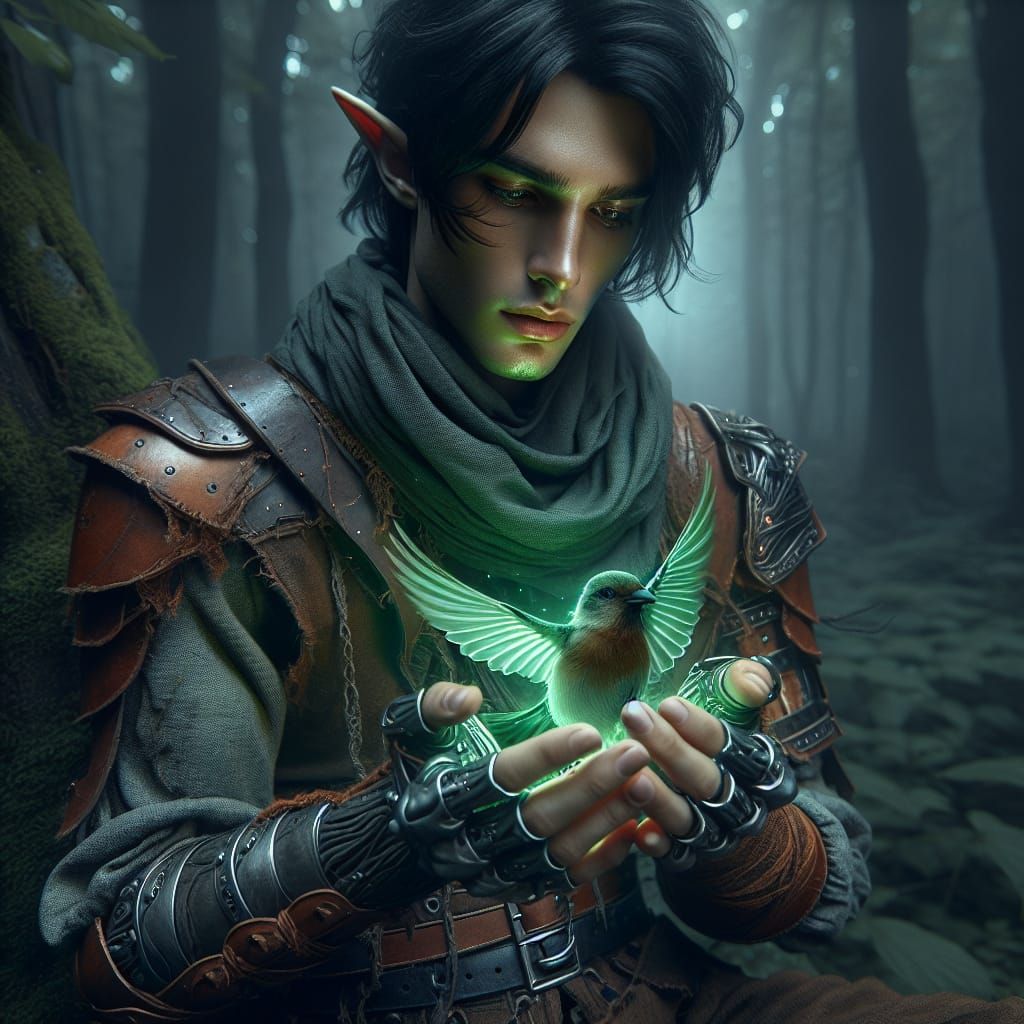 Arabian Elf Druid Heals Bird: Dark Fantasy Art
