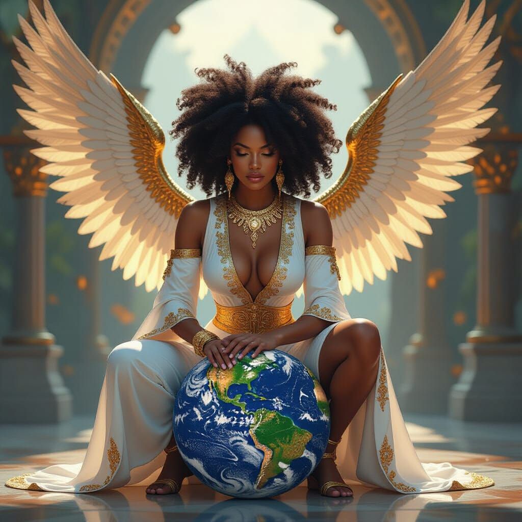 Black Woman Goddess Holds Earth in Epic Fantasy Digital Pain...