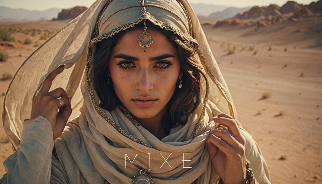 Beautiful brunette woman in desert, Cinematic film still, sh...