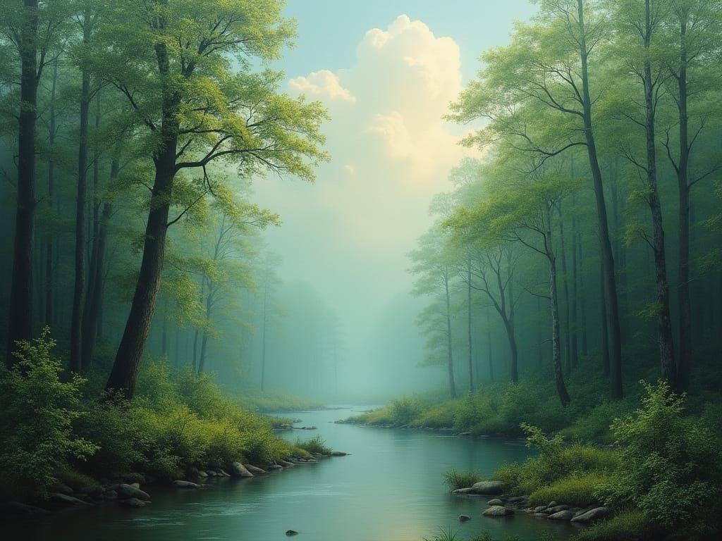Mystical Forest Stream Under Breathtaking Clouds