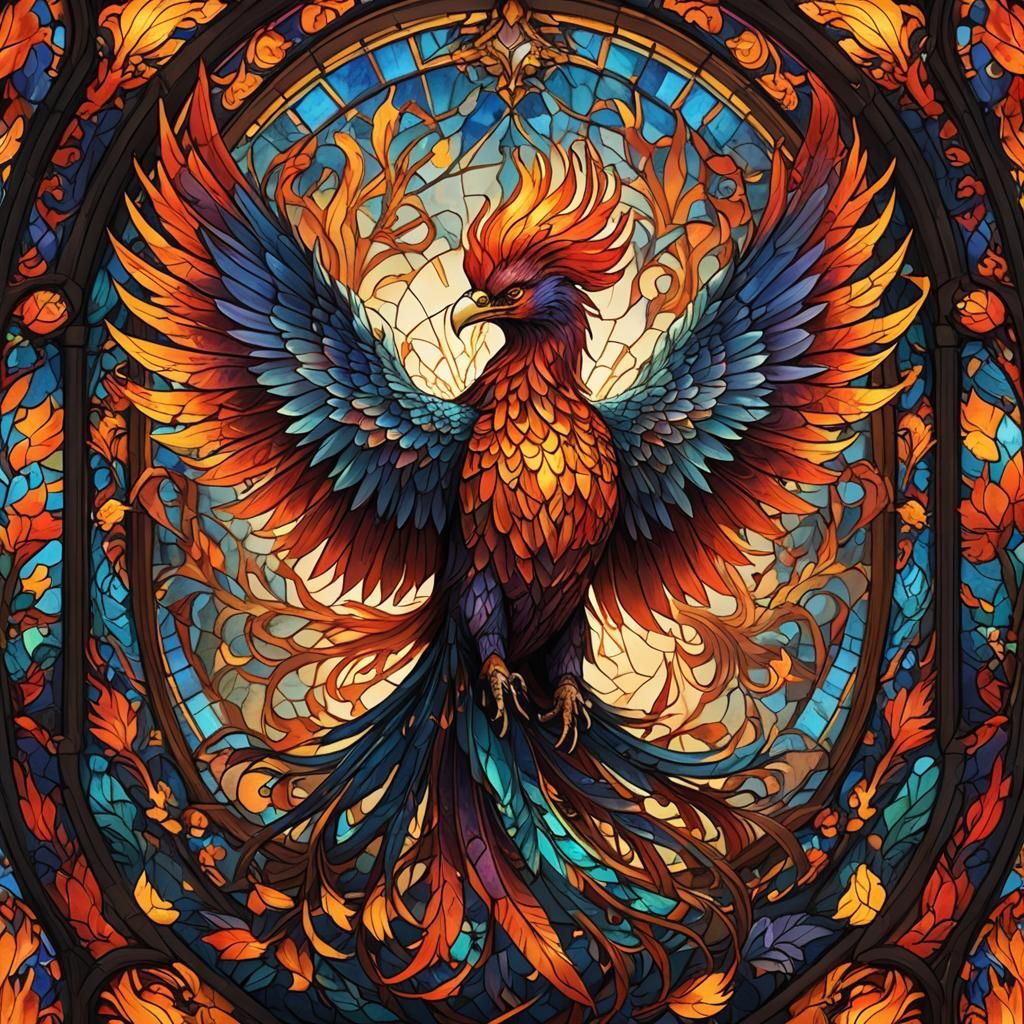 Majestic Phoenix in Stained Glass Style