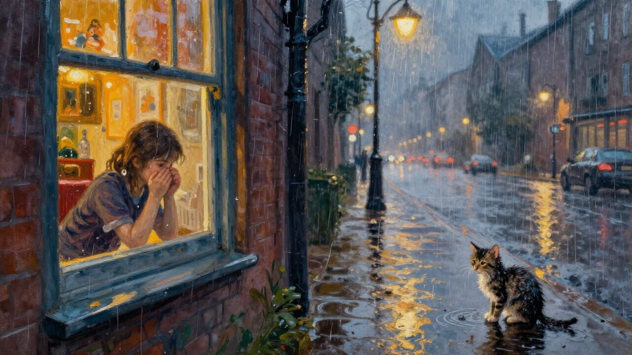 Cozy Window View of Girl and Kitten in Heavy Rain