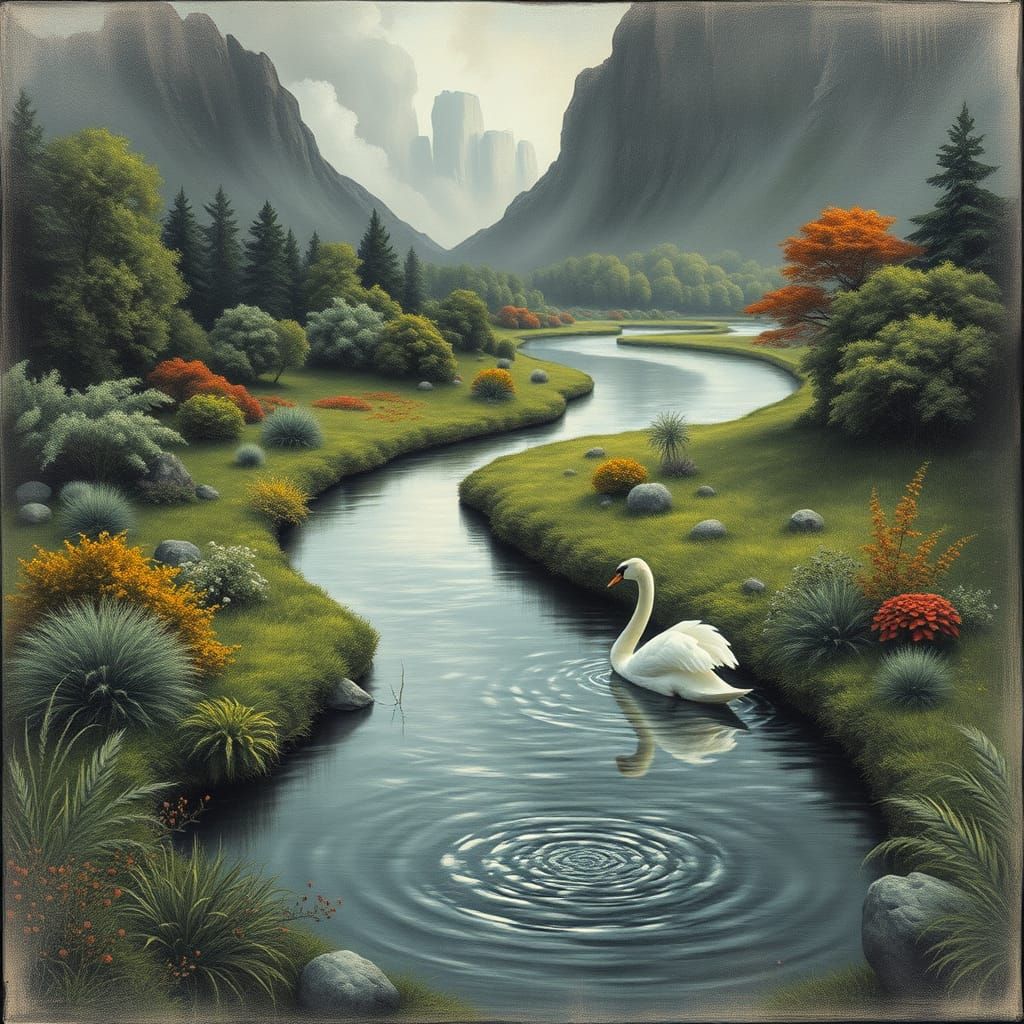 Serene River Landscape with Majestic Swan in Hyper-Realistic...
