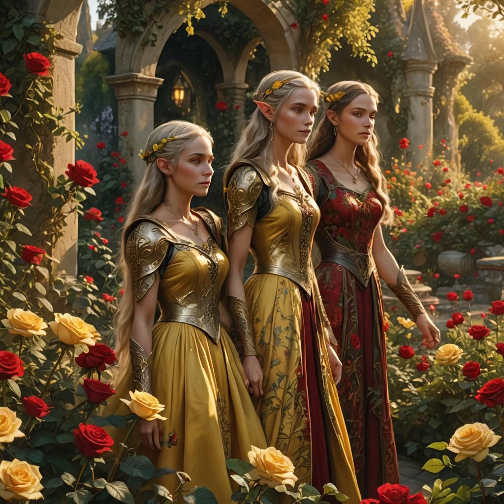 Elves in Rose Garden: Fantasy Digital Painting