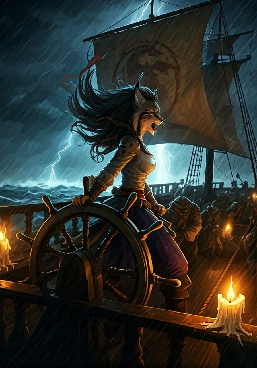 Lynx Pirate Captain in Storm, Pastel Graphic Novel