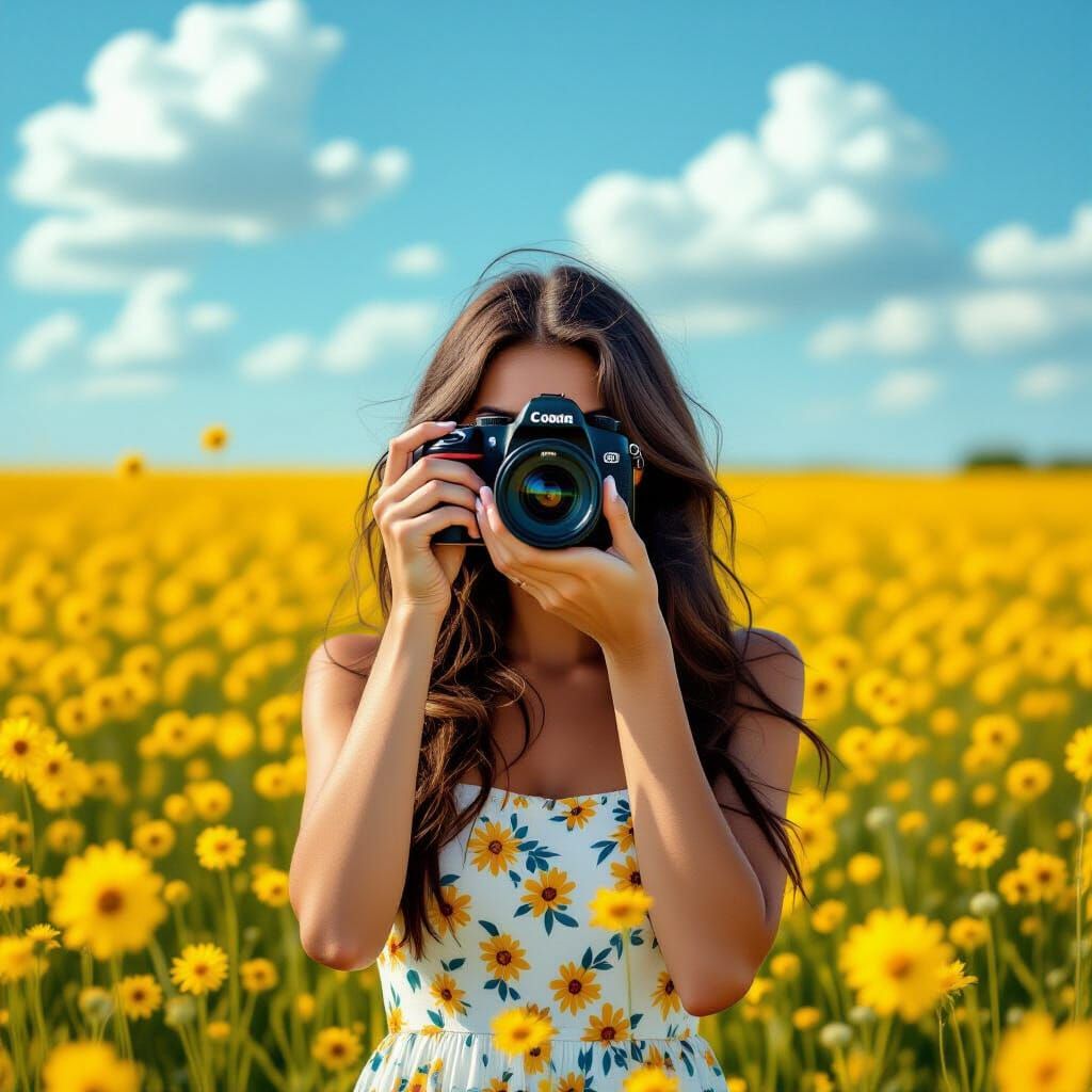 Woman in Wildflower Field Taking Photograph
