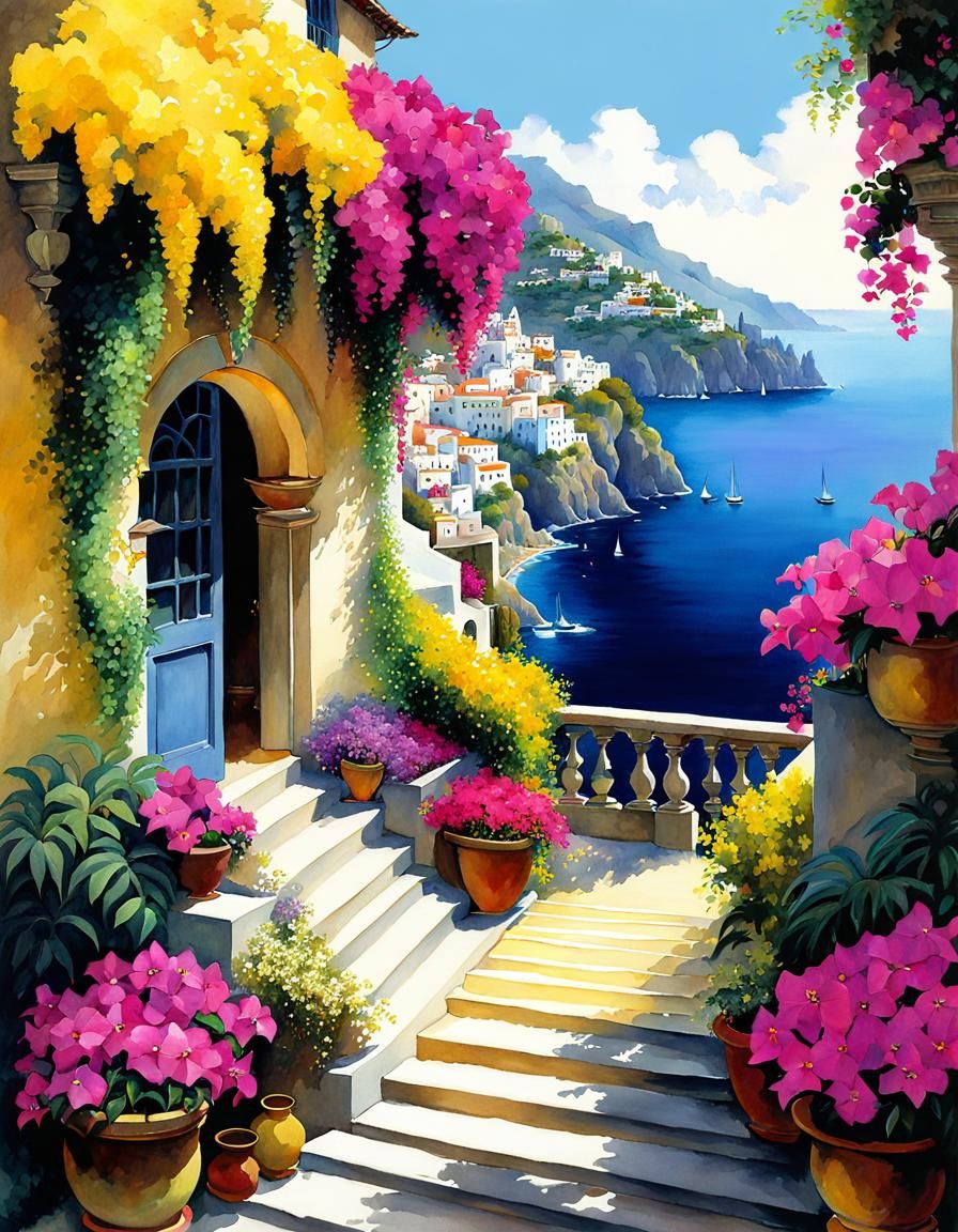Magical Amalfi Coast Illustration in Studio Ghibli Style