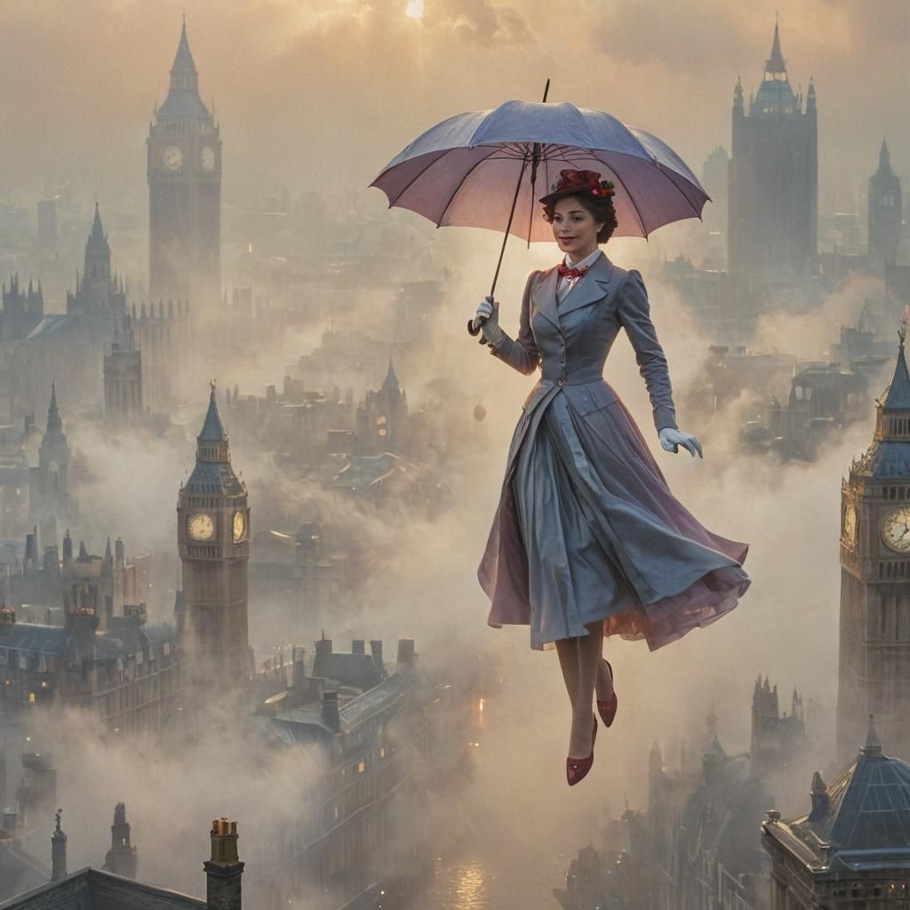 Mary Poppins Floats Above London: Ethereal Fantasy Art