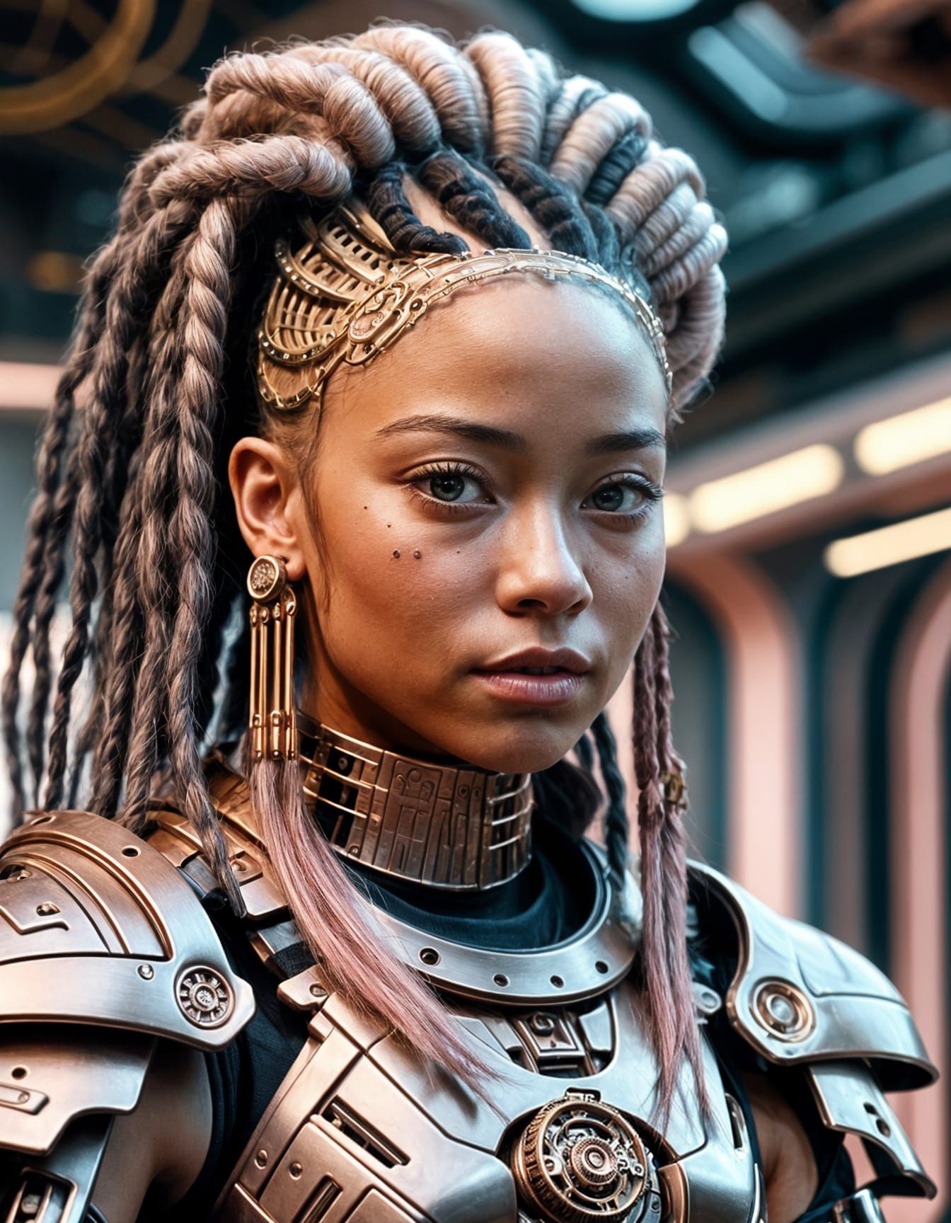 Elegant Steampunk Warrior in Vibrant Pink Armor