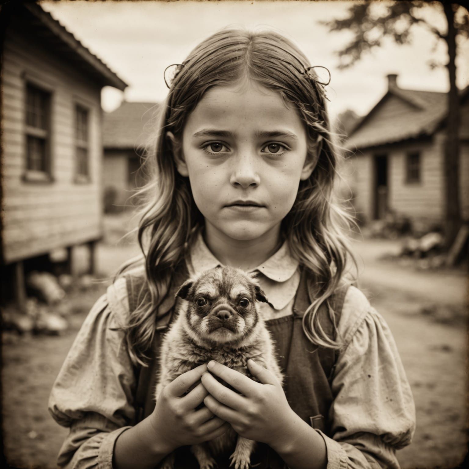 Girl with Pet in Sepia Vintage Photo