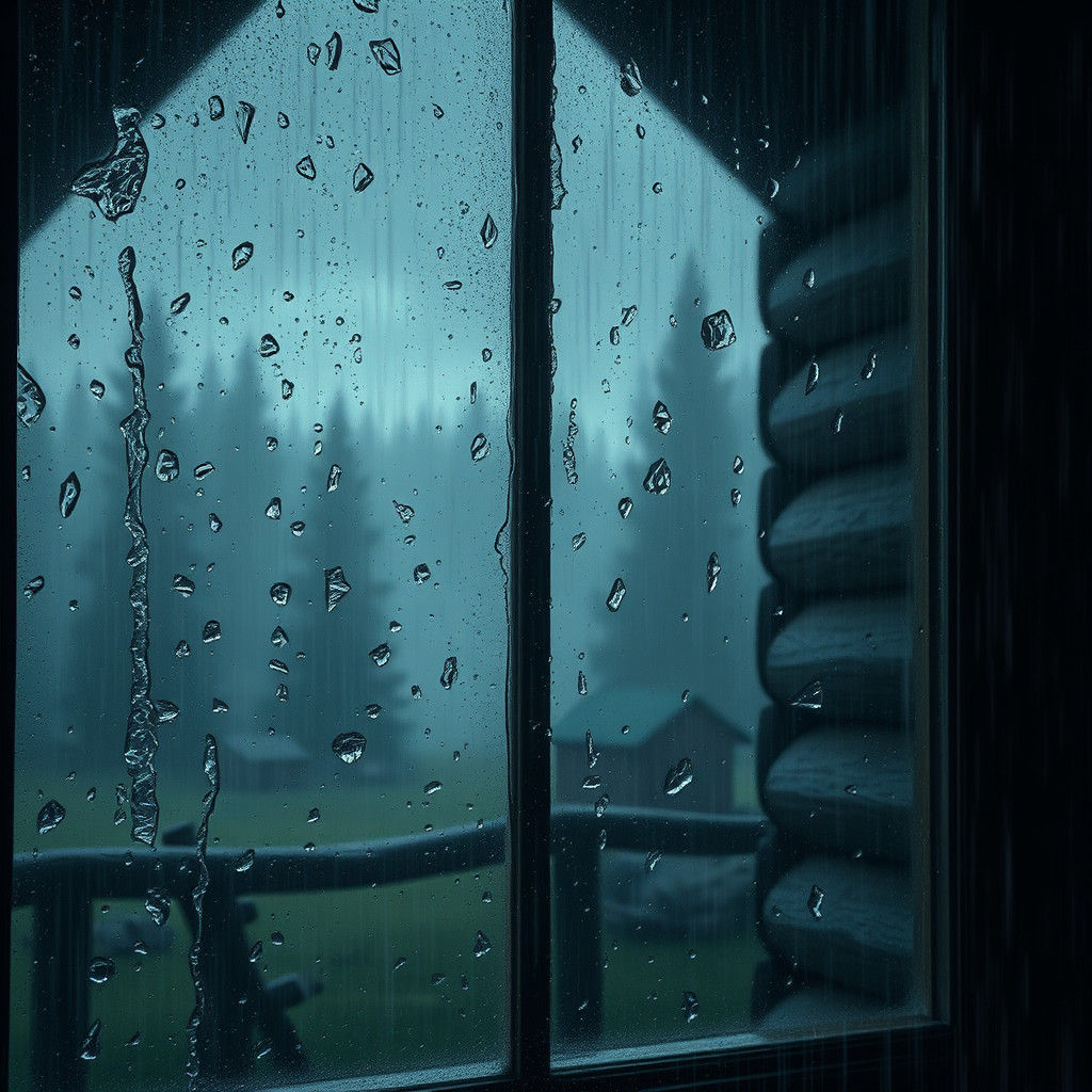 Rain-Lashed Log Cabin Window in Fantasy Style