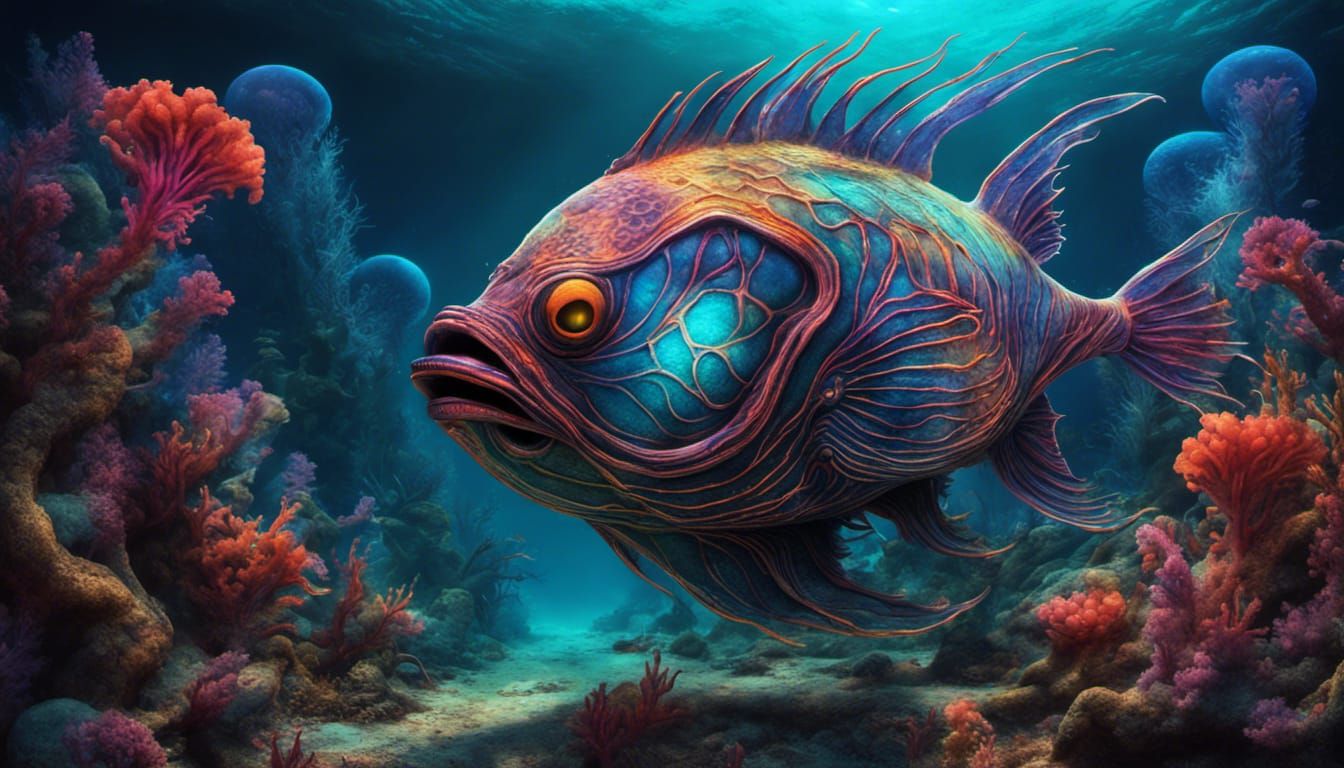 Iridescent Alien Fish in Deep Sea Trench