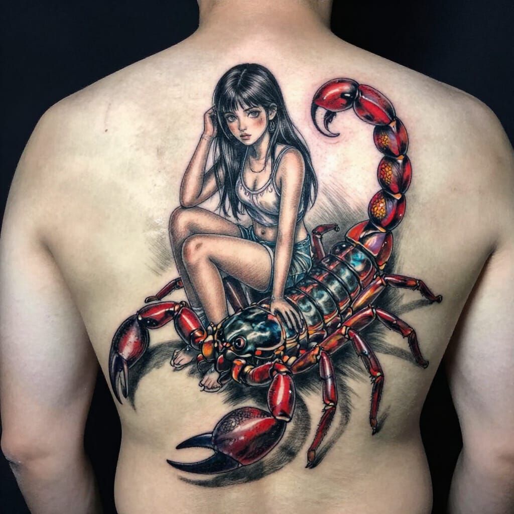 Detailed Tattoo Art: Girl Riding Scorpion in Charcoal Style