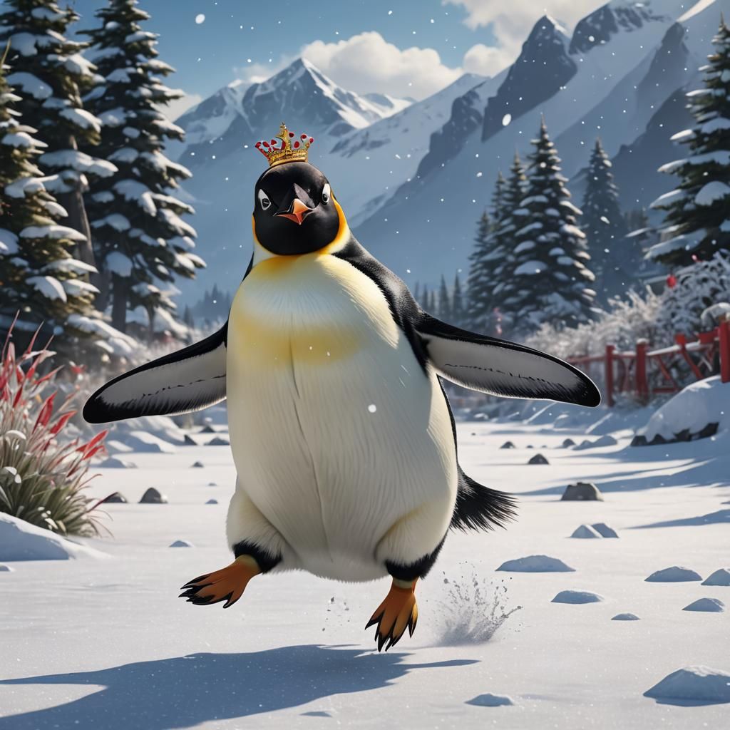 Emperor Penguin with Tiara Jumping on Snow