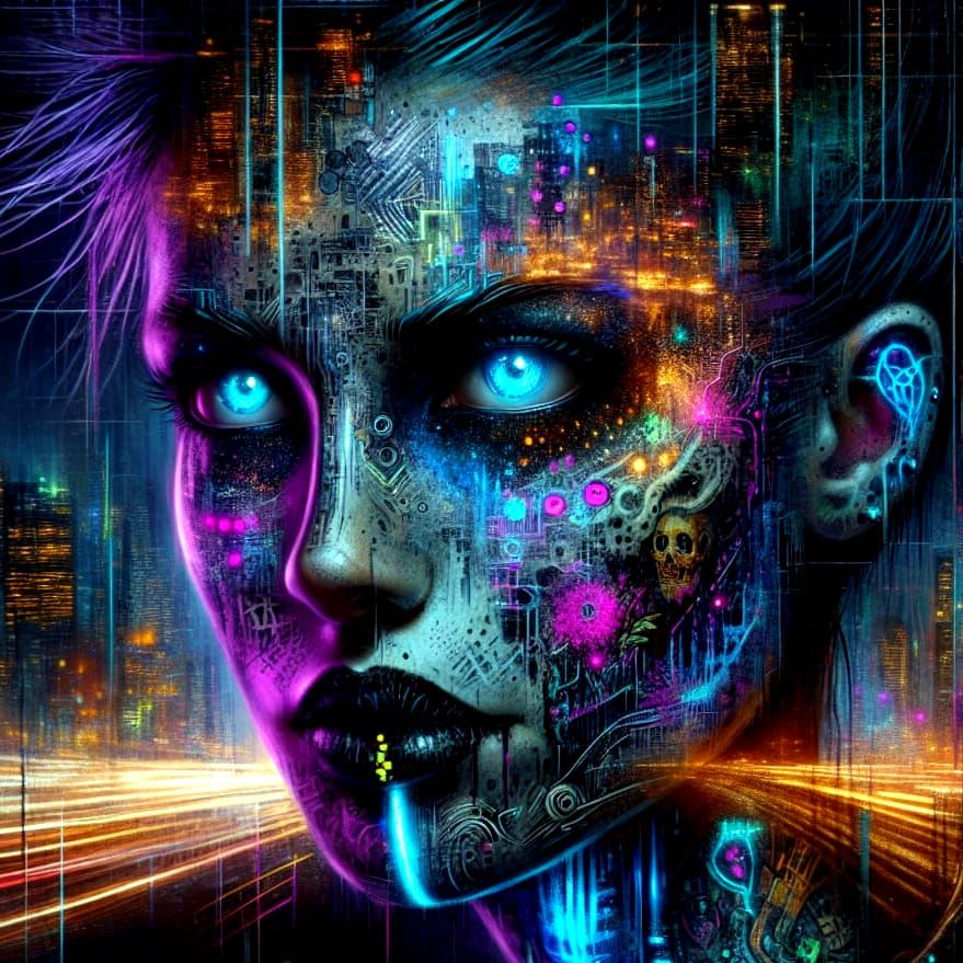 Cyberpunk Goddess of Impermanence in Neon Hues